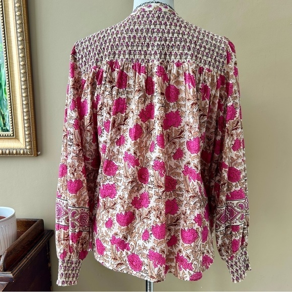 Rachel Zoe Pink Floral Boho Peasant Blouse Smocked Tie Neck Size L - Picture 4 of 10